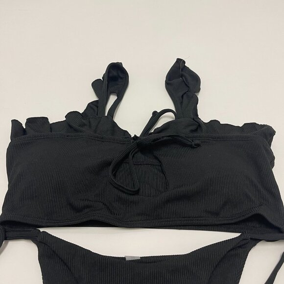 ZAFUL Ribbed Ruffle Keyhole Tie Side Bikini Swimwear - Black M - Picture 3 of 7